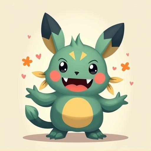 A cute cartoon monster inspired by Pokémon. Character has a green body, large ears, and a friendly expression. Surrounding hearts and flowers add to the charm. Simple and adorable design.