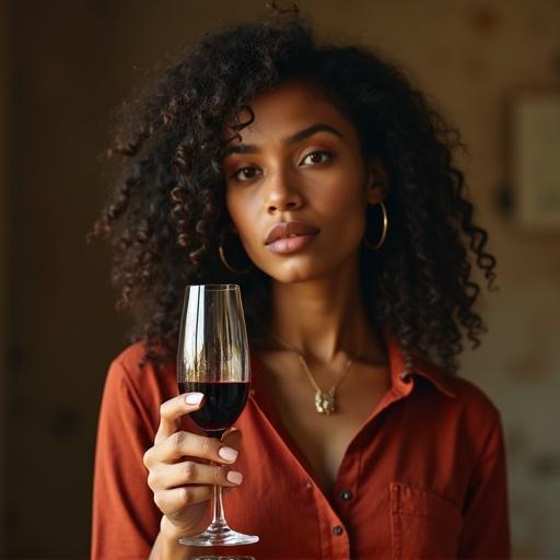 A portrait features an Indian woman holding a wine glass. The background is softly blurred. The scene has a warm lighting effect and is inviting. The woman's style is casual yet elegant.