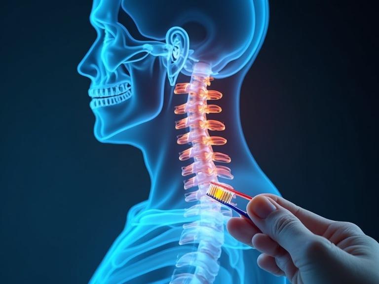 Illustration showing spinal misalignment detected during tooth brushing. Depth-sensing camera highlighted skeleton overlay emphasizing neck area.