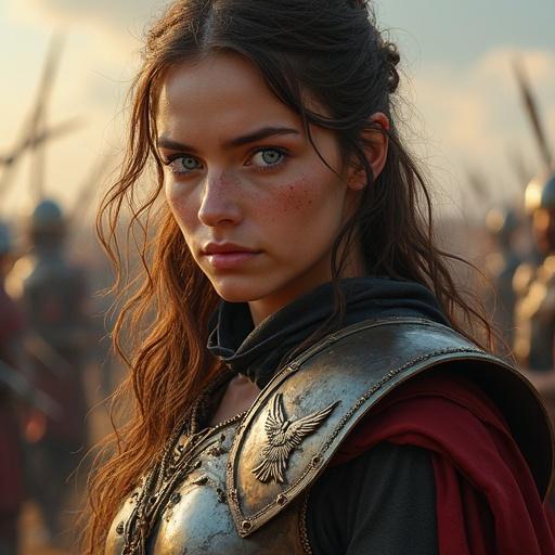 Portrait of a young female warrior with mid-length brown disheveled hair. Striking blue eyes. Several small scars on the face. Wearing worn metal plate armor with a bronze winged skull emblem on the chest. Blurry fiery battlefield background. Realistic textured digital painting focusing on fatigue and determination.