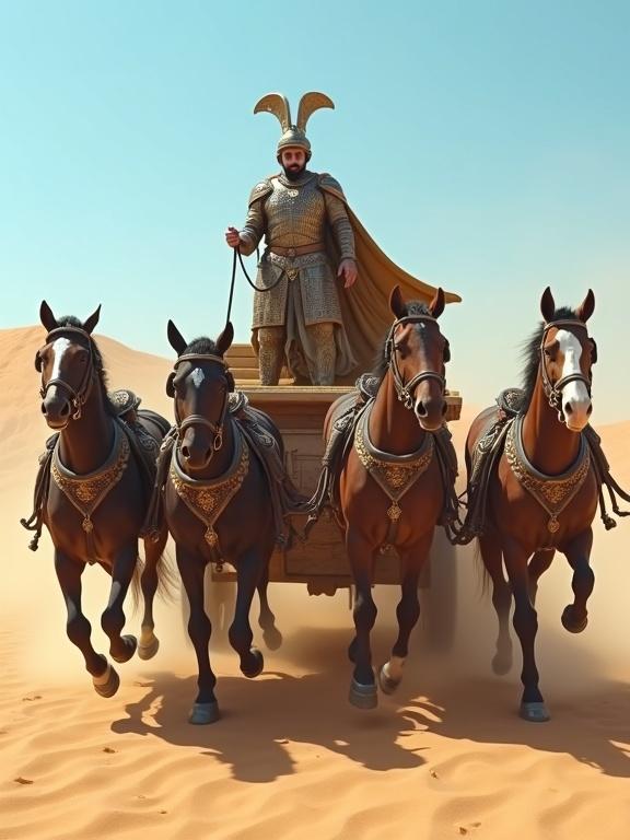 A Persian hero named Rostam stands tall atop a wooden carriage driven by six galloping horses. The horses are equipped with modern car seatbelts instead of traditional reins. Rostam wears ornate armor and a winged helmet. The scene is set in a vast desert with sand dunes and a vivid blue sky. The digital rendering features dramatic, focused lighting accentuating the action and landscape elements.