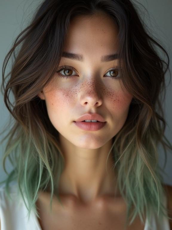 Front-facing portrait of a young woman with an oval face. She has a serene expression and is gazing directly into the camera. Her nose and cheeks are covered in dense freckles. Her large almond-shaped hazel eyes stand out with dark rings. She has thick dark brown eyebrows and softly parted full lips. Her skin is luminous and fair with a soft texture. Her shoulder-length hair is dark brown with a muted ashy-green dip-dye, styled in tousled waves with an off-center part. The lighting is fashion editorial, using soft diffused studio light against a light gray backdrop. The image is hyper-detailed.