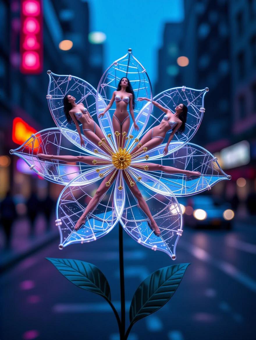 A macro photograph features a large transparent flower constructed from electrical wires. Petals resemble nude women. The image captures a hyper-detailed and photorealistic style in 8k resolution. The setting showcases a futuristic dystopian city at night with vibrant colors. The composition plays with various textures and elements, creating a magical and evocative atmosphere. The city lights are prominent in the detailed background.