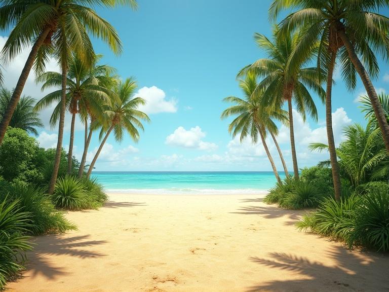Hyperrealistic tropical landscape features tall palm trees and golden sandy ground. Lush green vegetation surrounds the beach. Clear blue sky with fluffy clouds and warm sunlight casting soft shadows. No animals or footprints in the scene. Exceptional focus on untouched tropical nature with a wide open space and cinematic lighting.