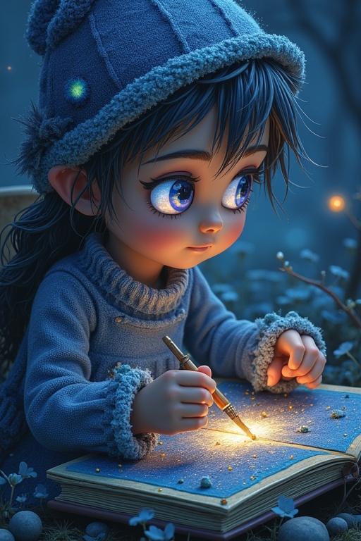 Child with galaxy-like eyes engaged in writing dreams with a golden pen in a mystical, nighttime setting. Surrounded by a soft glow and magical ambiance.