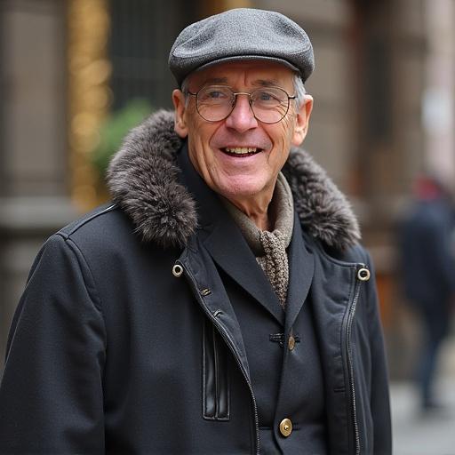 Elderly man wearing a gray hat and glasses smiles while dressed in a winter coat. His outfit reflects vintage style trends. Warm urban setting in the background.