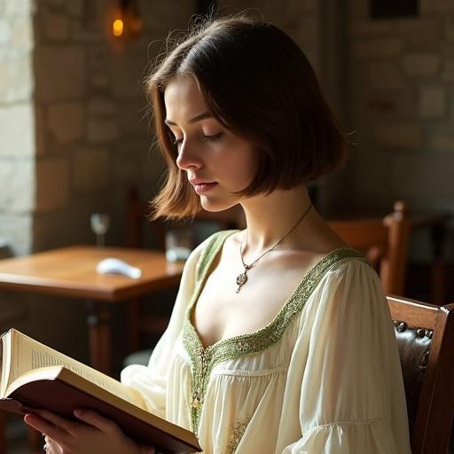 Young woman dressed in elegant medieval-inspired attire sits in a rustic café. She is surrounded by warm lighting and wooden furniture. Reading a book, she shows a relaxed and serene expression. The ambiance is cozy with stone walls.