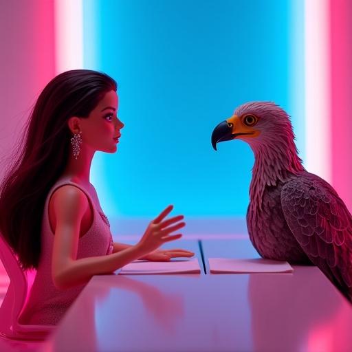 Scene featuring Barbie with a curious confident expression facing an eagle in a suit. Both seated at a futuristic meeting table. Background in high fashion style with pink and blue neon lighting.