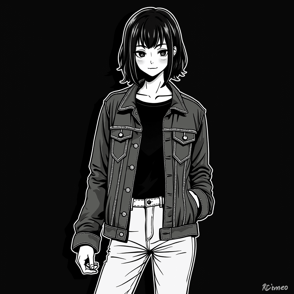 A monochrome anime-style drawing depicts a person in a denim jacket and pants against a dark background, capturing a confident and relaxed vibe.