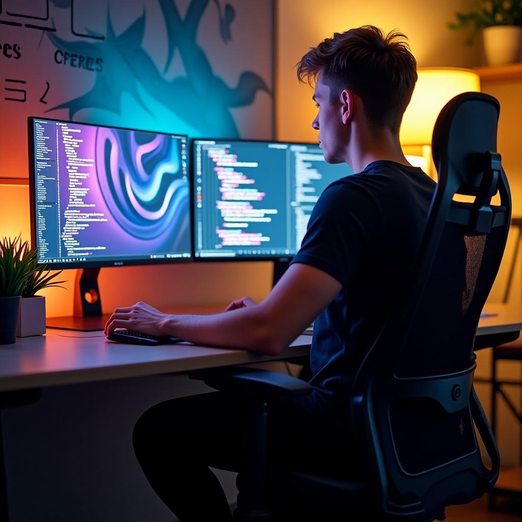 Image of a modern office workspace. It features dual monitors that display code and a vibrant desktop background. A guy is working while seated on an ergonomic chair. The workspace has ambient lighting with a warm glow.