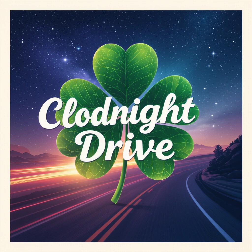 Album cover featuring a classically styled clover. Cosmic background with a starry sky. The text 'Midnight Drive' is prominently displayed.