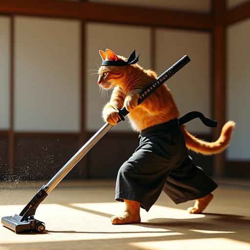 Muscular ginger cat in a ninja headband swings a katana at a robot vacuum. Background is a dojo with tatami mats and shoji screens. Floating dust motes illuminated by sunlight. Cat shows intensity with fur bristling. Vacuum shows panic with a spinning wheel and debris. Mood reflects epic duel and feline mischief.