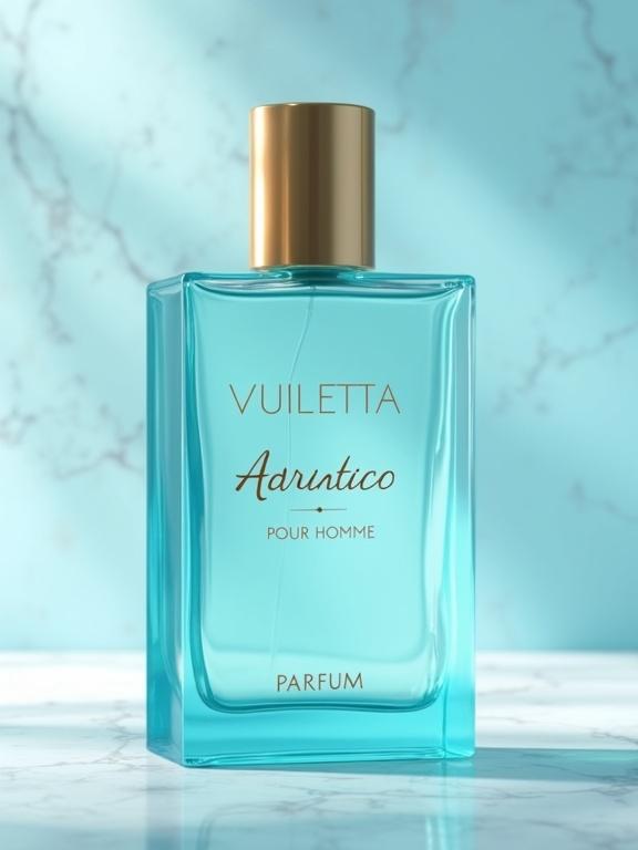A luxurious photo-realistic image of a minimalist glass perfume bottle. The bottle is frosted in aquamarine and turquoise. The label displays 'VULETTA' in an elegant font at the top, 'ADRIATICO' in flowing script beneath, and 'POUR HOMME' smaller below it. The word 'PARFUM' appears at the bottom in gold foil. The liquid inside is a pale aquamarine, glowing softly. Background is light blue with diffused lighting and a light marble surface.