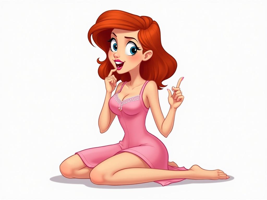 The image features an animated female character with an exaggerated, cartoonish style. She has red hair, a fair skin tone, and is depicted in a playful pose, sitting with one leg bent and the other extended. She wears a pink nightgown with lace details and is playfully biting her finger, which adds a flirty element to her expression. The background is plain, focusing attention on the character, and her large, expressive eyes and distinctive features emphasize her animated style.