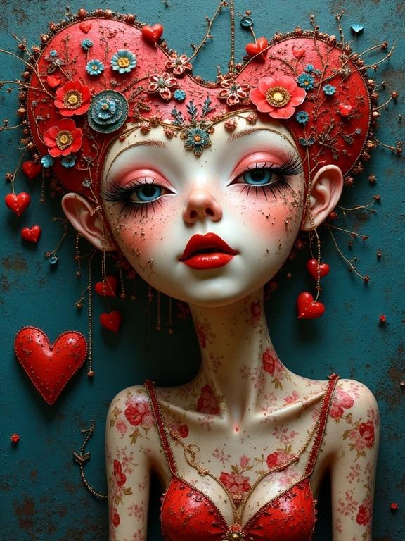 Intricate 3D art featuring a whimsical character with a heart-shaped head adorned with flowers and hearts. The character has decorative makeup and floral patterns. Background in muted tones to highlight the colors.