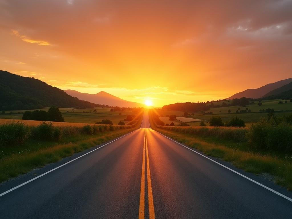 A beautiful sunrise fills the sky with warm hues of orange and yellow. The scene captures an asphalt highway stretching into the distance, surrounded by lush greenery and gently sloping hills. The road is empty, evoking a sense of peace and potential for travel. This rural backdrop suggests opportunities for adventure and exploration. It's a picturesque setting perfect for land transport, inviting travelers to embrace the journey ahead.