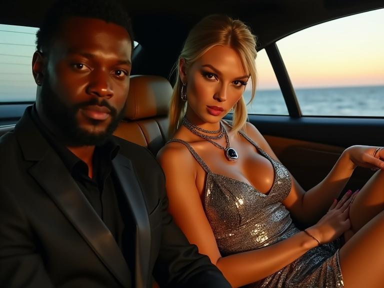 Photograph features a man and a woman seated in a luxury car. The man is in a dark suit while the woman wears a silver sequin mini dress. She has long blonde hair styled in pigtails and wears bold accessories like a necklace and earrings. The car interior shows leather seats and provides a view of the ocean at sunset.