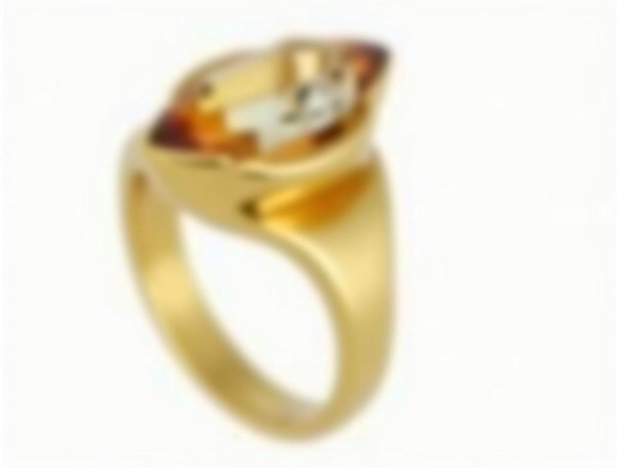 The image features a stylish ring made of shiny gold. The ring has a unique, flowing design that appears modern and elegant. At its top, it is adorned with a marquise-cut gemstone that displays a mix of colors, particularly amber and clear tones. The band of the ring is smooth and has a polished finish, reflecting light beautifully. This piece of jewelry would be suitable for formal occasions or as a unique fashion accessory.