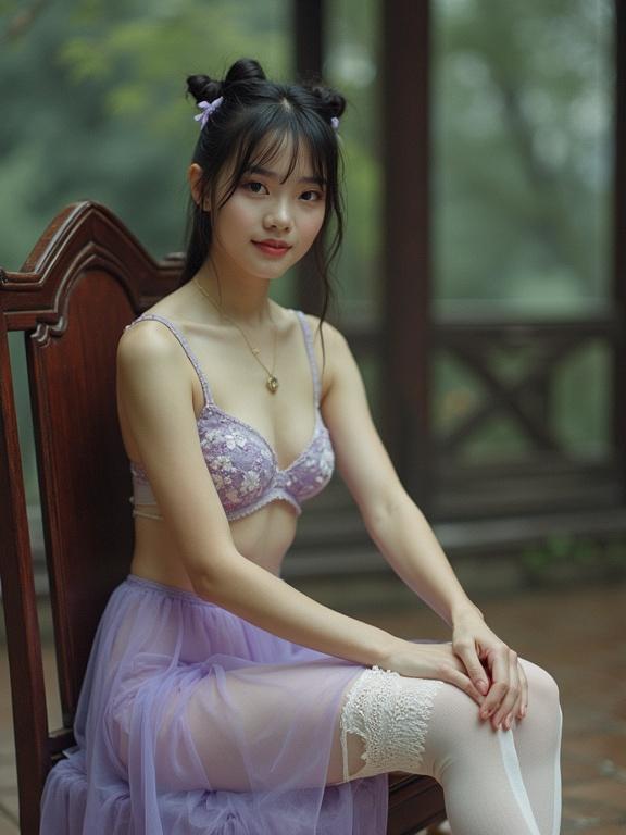 Petite girl sitting in feudal garden. She wears light purple clothes. Hair tied and glossy. She smiles at the camera. The setting has natural light. The image feels nostalgic. It captures a blend of history and realism.