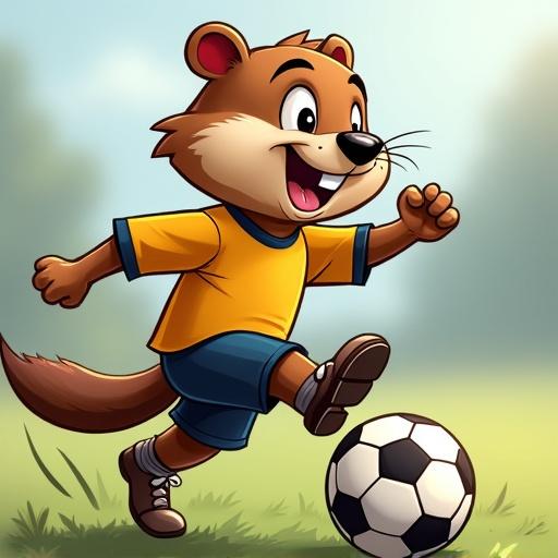 Cartoon image of a joyful beaver character wearing a yellow soccer jersey, actively playing soccer with a smile, in a vibrant green field setting