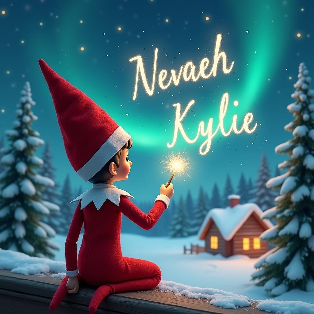 An elf in a red outfit sits on a wooden ledge. The elf holds a glowing wand and creates letters in the sky. The scene has a snowy landscape with charming houses and evergreen trees. Northern Lights illuminate the background with a magical feel. Names appear in shimmering text.