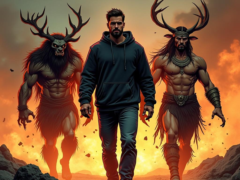 The image features a male figure walking through a fiery landscape, with flames and smoke creating an intense atmosphere. He is dressed in a dark hoodie, appearing determined amidst the chaos. On either side of him are imposing, mythical figures: one has antlers and a beastly appearance, while the other is muscular and adorned with tribal accessories. The overall aesthetic is gritty and comic-like, emphasizing bold lines and dramatic contrasts.