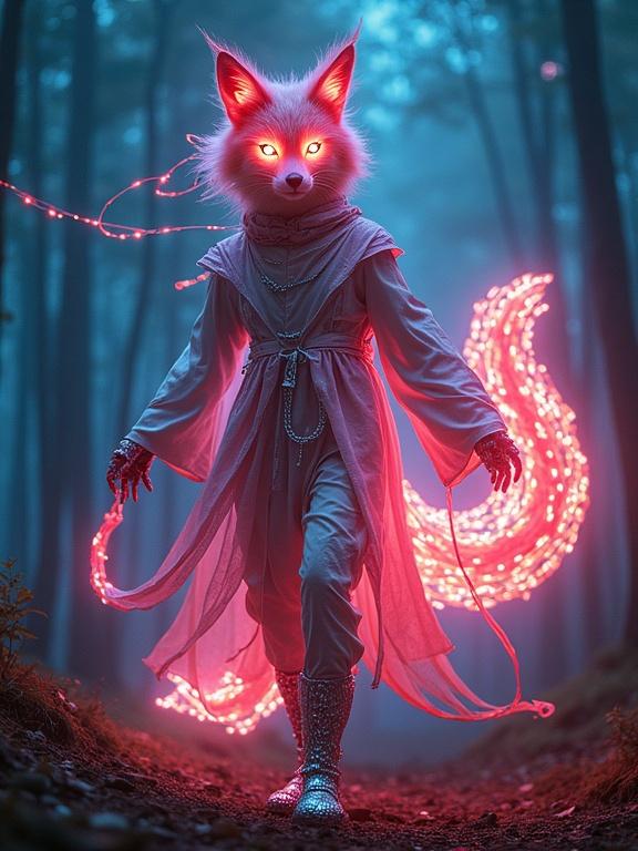 Electric kitsune wearing reflective shards and LED ribbons in neon forest. Fox spirit form with glowing tails. Sharp cyber eyes and swirling motion. Illuminated forest with pulse tech ribbons. Traditional futurism meets supernatural elements. Fox mask with metallic texture and circuitry details. Kinetic energy with chrome paws. Storytelling about transcendence and magic in vibrant colors.