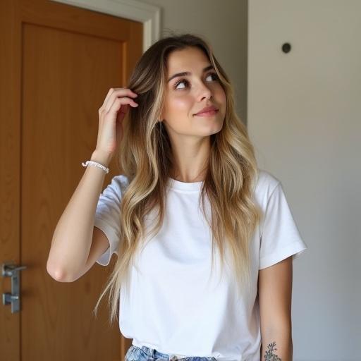 A young woman poses casually indoors. She has long wavy light brown hair with blonde highlights. The woman wears a white t-shirt and faded light-wash denim. She has a delicate leafy vine tattoo on her left forearm. The background includes a medium-brown wooden door and light-colored walls. Soft natural lighting surrounds her.