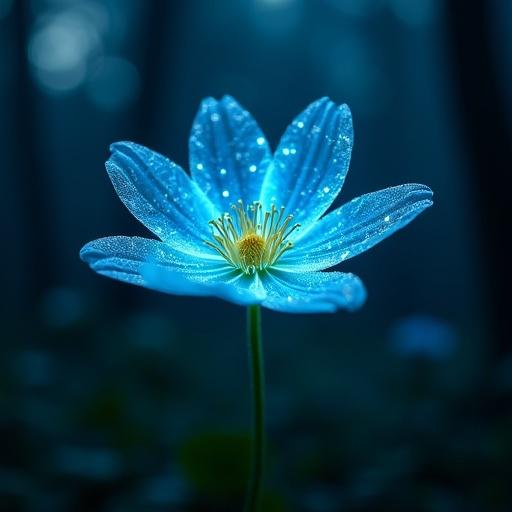 Close up of a bioluminescent flower radiating magical cyan energy inside an ancient forest during moonlight. Highly detailed image with aesthetic effects in 4k.