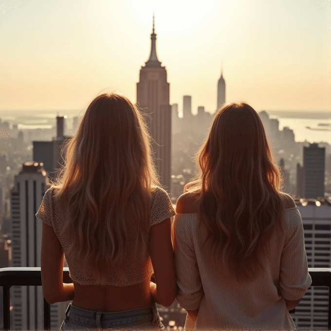 Two people with long hair stand on a balcony, gazing at a city skyline during a golden sunset.