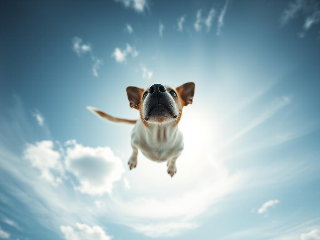 This whimsical image captures a dog in mid-air, seemingly flying against a backdrop of a bright blue sky dotted with fluffy clouds. The perspective from below gives an impression of freedom and exhilaration. The sun is partially visible, creating a halo effect around the dog, enhancing the uplifting mood of the image.