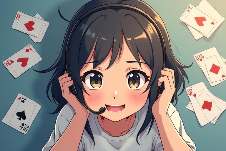 Support girl wearing headset with exaggerated expressions. Modern cartoon graphic novel style. Overhead angle showcases central deck and discard pile with marine-colored card backs. Soft lighting for warm texture. Mood of friendly competition.