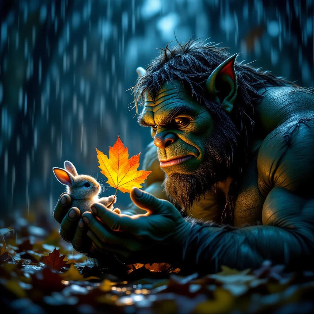 A kind-hearted ogre shelters a baby bunny from rain with a large autumn leaf. Windy night scene with torrential storm. Dark colors with vivid details. High definition wildlife image.