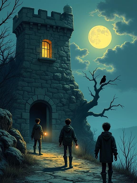 A mysterious castle on a rocky hill at night under a cloudy moonlit sky. One window glows with yellow light. Three teenage boys explore: one with a flashlight, one reading a map, one looking behind. The castle door is half open. A dead tree leans near the wall with a crow.