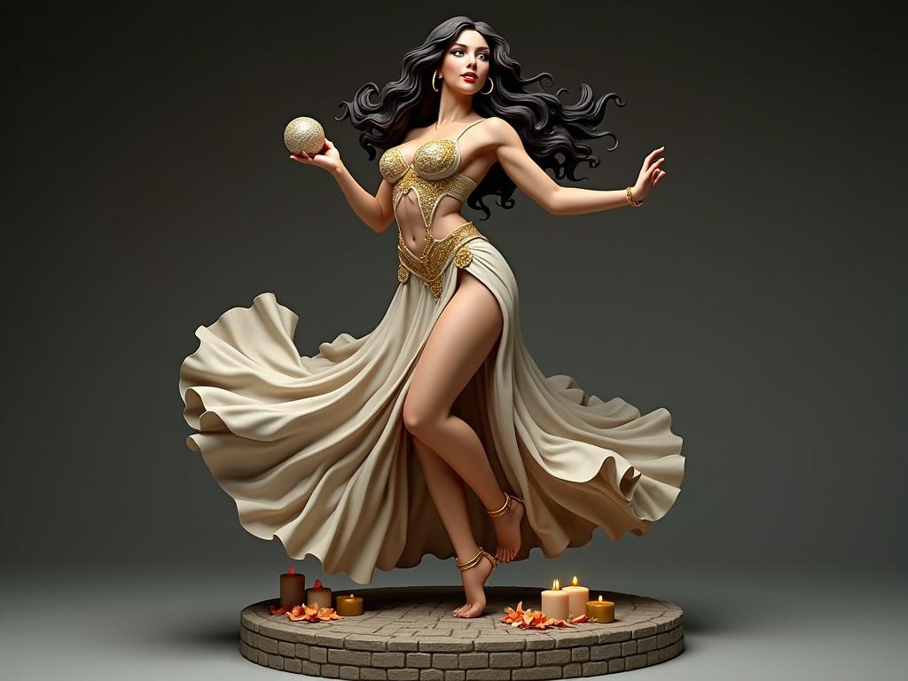 A collectible resin statue of a powerful dancer inspired by Esmeralda. It depicts a dancer in mid-motion and elegant gypsy pose. One leg is extended while the full skirt swirls. The dancer has arms raised holding a tambourine. She wears a low-cut corset with gold embroidery and a flowing sheer skirt. Long dark hair falls around her shoulders. The base includes antique cobblestones, candles, and scattered petals. The lighting is soft with cinematic shadows.