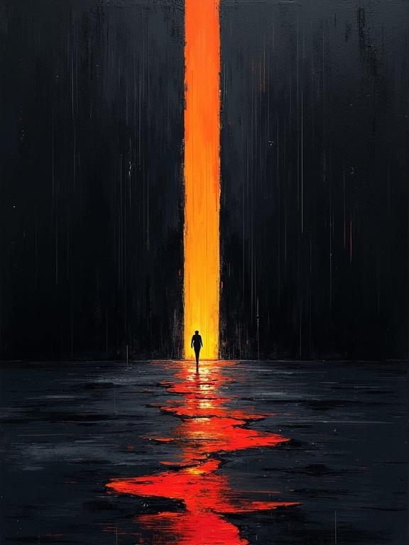 Digital oil painting with harsh paint strokes. Completely black background features cubism and unfinished elements. Flat colors create unique silhouette design. Minimalist style reflects formless shifting voids of color. Shadows revealed by visual layers of futurist style rain erode the floor, making a fractured chunk missing. Color void shifts beneath the cracks.