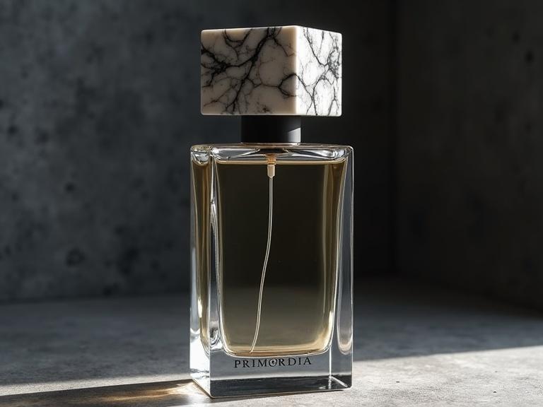 Tall luxury perfume bottle designed with thick prism glass thick bevel cuts. Raw marble cap shows jagged fractures grey veins matte texture. Crystal-clear fragrance juice with seamless black metal sprayer. No polish no gloss on stone. Primordia engraved at base in thin font. Dramatic lighting casts sharp prism reflections. Dark grey textured concrete background. Hyperrealistic style focusing on raw materials in a monumental scale. Sacred and architectural mood.