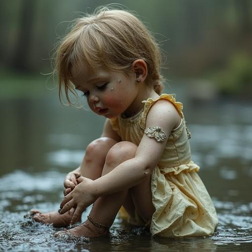 A child kneeling by a river, playing in the water. Soft yellow dress contrasts with murky water. Wooded backdrop creates serene ambiance. Child exhibits curiosity and innocence. Natural light enhances atmosphere.