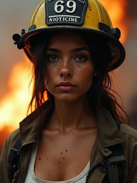 Striking photo of a soot-stained female firefighter. Show bravery and strength. Long dark hair in a bun. Loose strands framing her face. Warm brown skin. Dark eyes reflecting duty and compassion. Wearing soot-streaked helmet with station 69. Protective jacket unzipped. Sweat-stained white tank-top. Background features smoky fire rescue. Dramatic lighting with warm glow. Captured in cinematic style with shallow depth of field.