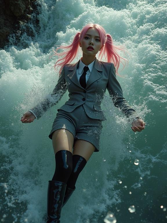 A young woman with long pink twin-tails wearing a torn gray suit with shorts and black stockings is being dragged underwater. She appears exhausted, unable to fight against the current. The surrounding water suggests a struggle for escape.