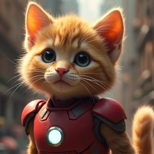 A cute cat dressed as Iron Man in a city background. The cat has bright orange fur and big eyes, wearing a red and gold superhero suit. The setting is urban with soft lighting.