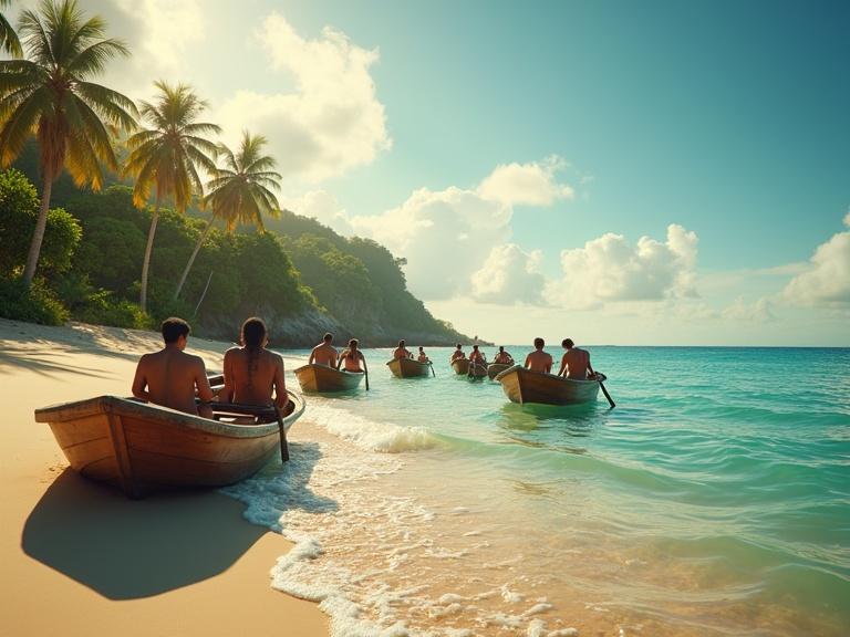 Several small hyperrealistic wooden boats approach a golden sandy beach. Diverse adults are onboard, showing relief and exhaustion. The ocean is calm with gentle waves lapping the shore. Tall palm trees and lush vegetation frame the beach. The sky is bright with soft clouds and warm sunlight. Cinematic details emphasize the transition from chaos to safety.