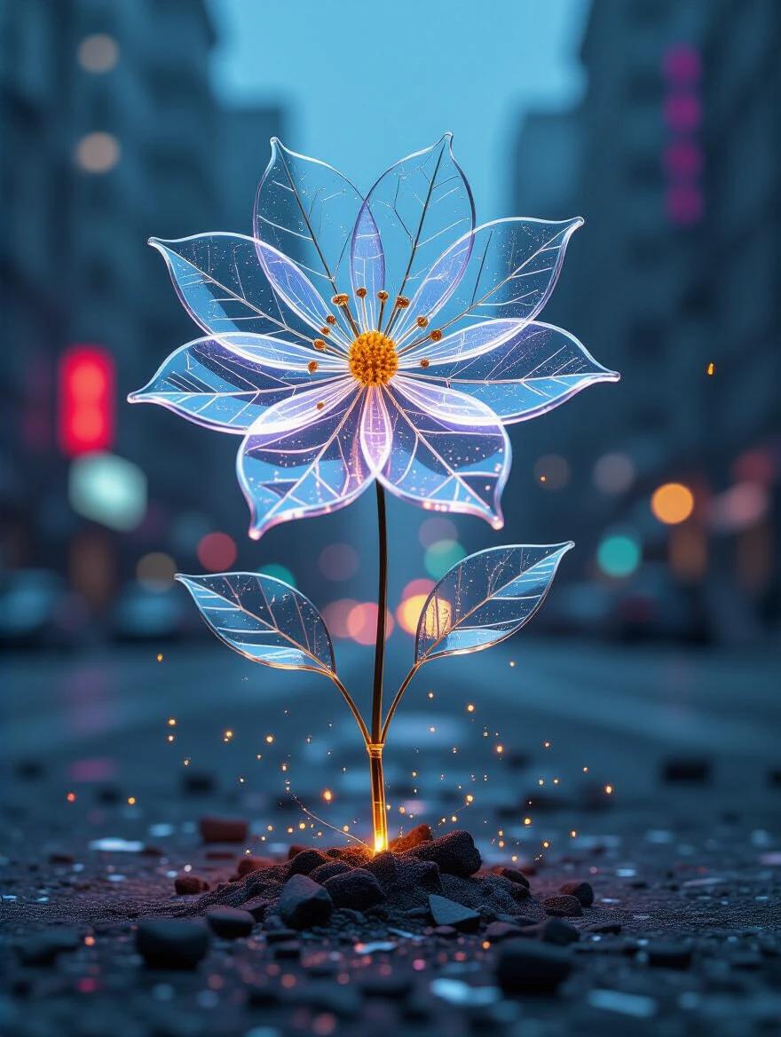 Macro photograph of a transparent flower made of electrical wire emerging from ash. This flower has clear plastic and wire petals. The image is hyper-detailed and photorealistic with a background featuring a futuristic dystopian city. The scene takes place at night with vibrant purple and blue colors from city lights. It combines elements of texture play with materials like newspaper and origami. The overall composition is multilayered, luminous, and magical.