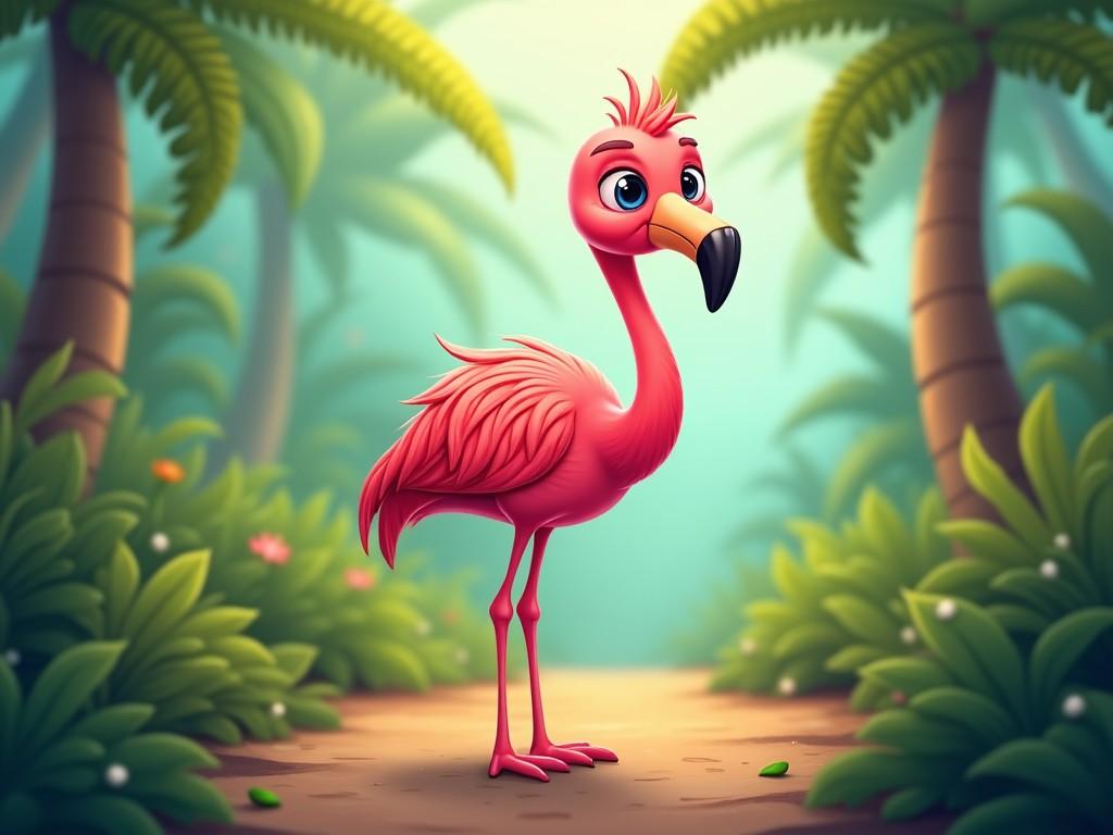 A cartoon flamingo standing in a whimsical jungle setting with palm trees and vibrant foliage, featuring soft lighting and vivid colors.