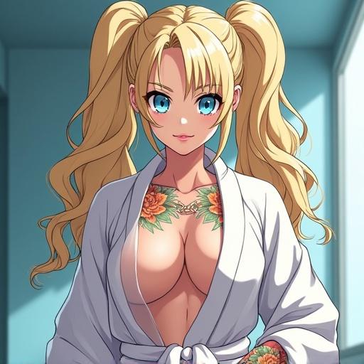 Anime character with beautiful features and lavish tattoos. Woman with frosted blue eyes and large blonde pigtails. Wearing a bathrobe in a luxurious setting. Distinctive tattoos on her arms and visible piercings. Exudes an extroverted personality.