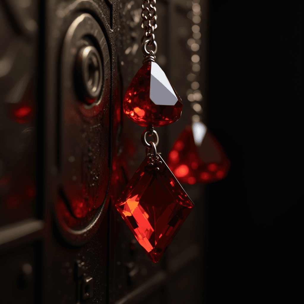 A close-up view of a pair of ornate red crystal earrings against a dark, textured backdrop.