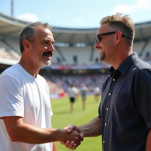 Two men shaking hands outdoors in a stadium during a sunny day. One man has a mustache and is wearing white. The other man wears glasses and a dark shirt. Background has other people.