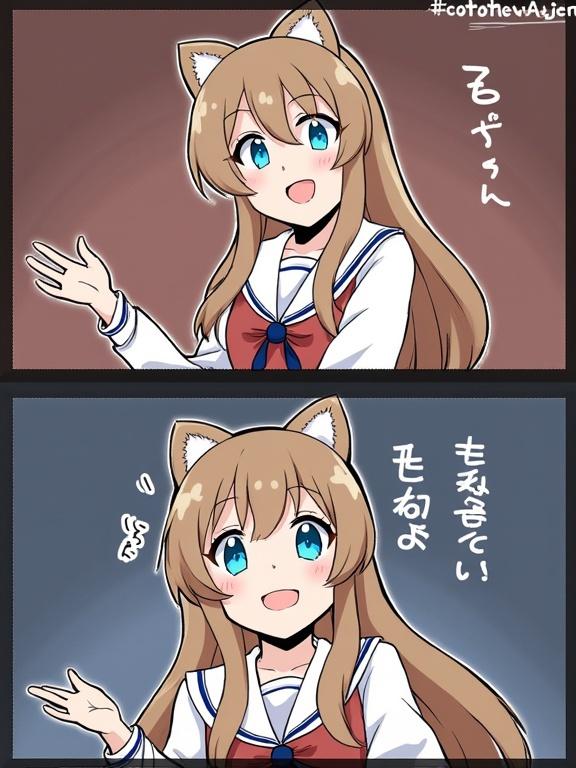 Character holding a hand up. Female character with cat ears. She has blue eyes and light brown hair. She wears a school uniform with a red ribbon. Background is divided into two halves, one light and one dark. The character appears cheerful and engaging.