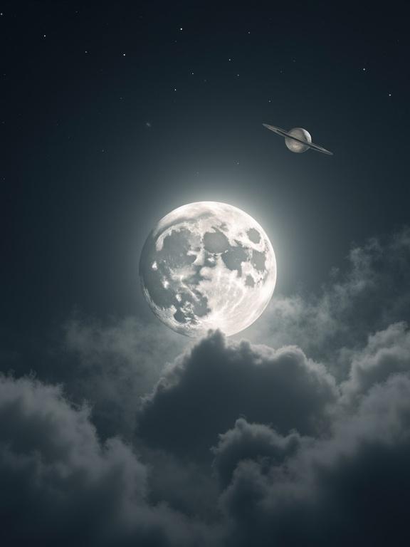 Night sky scene featuring a waxing gibbous moon. The moon has a bright white glow and detailed surface texture. Semi-transparent clouds partially frame the moon. Several objects like planets or stars are visible, with one resembling Saturn.