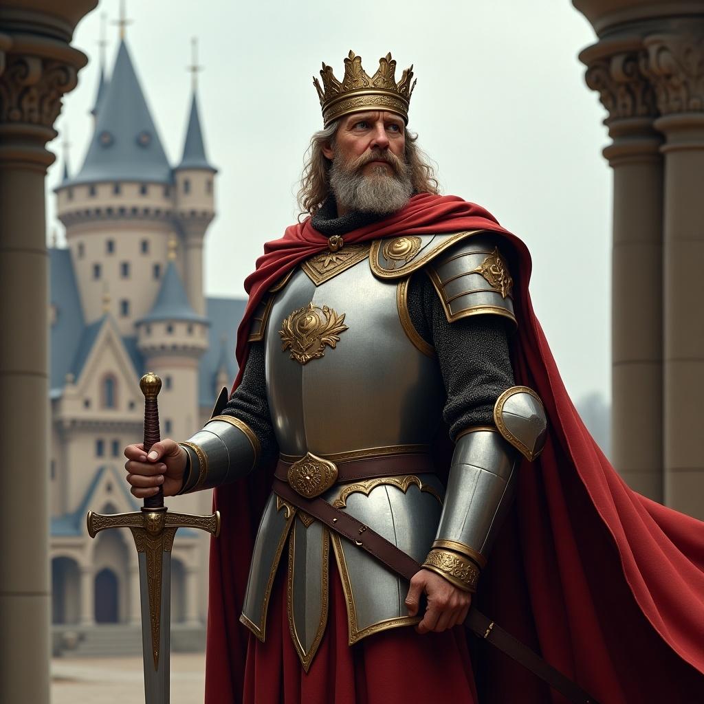 A majestic king stands confidently, clad in gleaming armor and a flowing red cape. He holds a sword upright, embodying strength and nobility. The background features a grand castle with pointed towers, giving a fairy tale atmosphere. The king's long beard and thoughtful expression reflect wisdom and authority. This scene captures the essence of a legendary figure from medieval times.